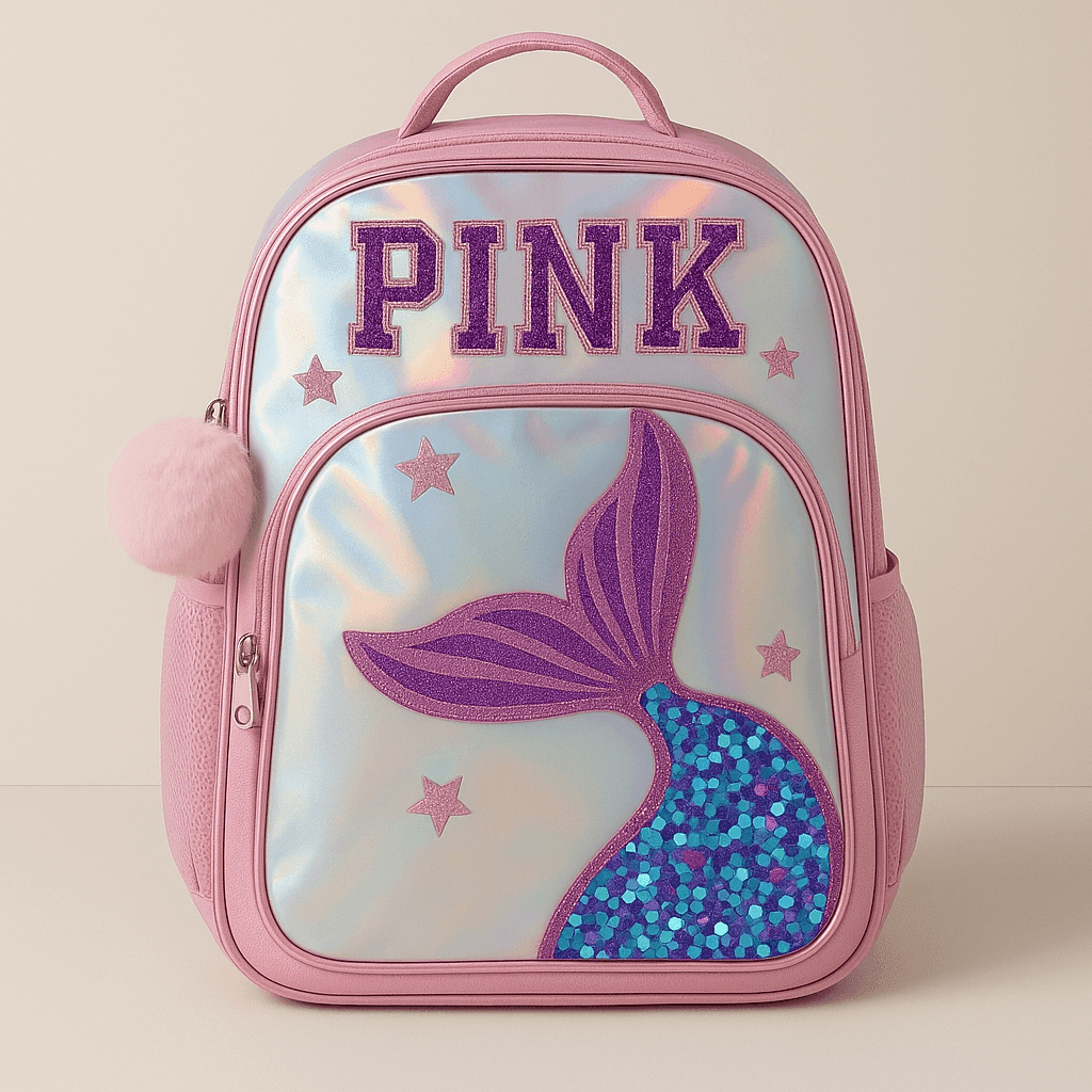 cute mermaid themed children's backpack with glitter details pink & purple design